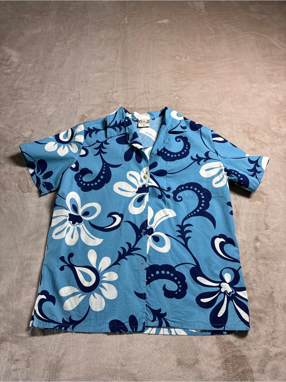 Vtg Go Barefoot Hawaiian Aloha Camp Shirt Floral Blue Cotton USA Women's Medium